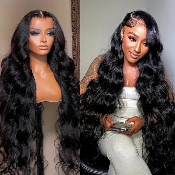 180% Natural Black 13×6 Lace Frontal Brazilian Remy Body Wave Human Hair Wig - Picture 1 of 6